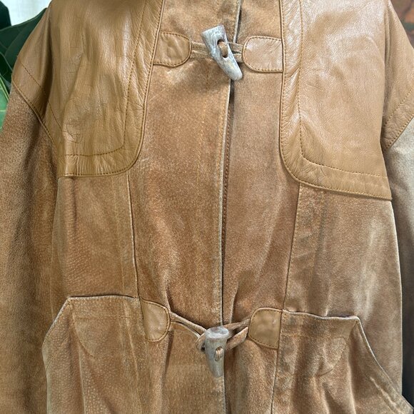 Vintage Brown Suede & Leather Fur Hood Parka 90s Streetwear Cabincore Jacket L - Picture 2 of 16